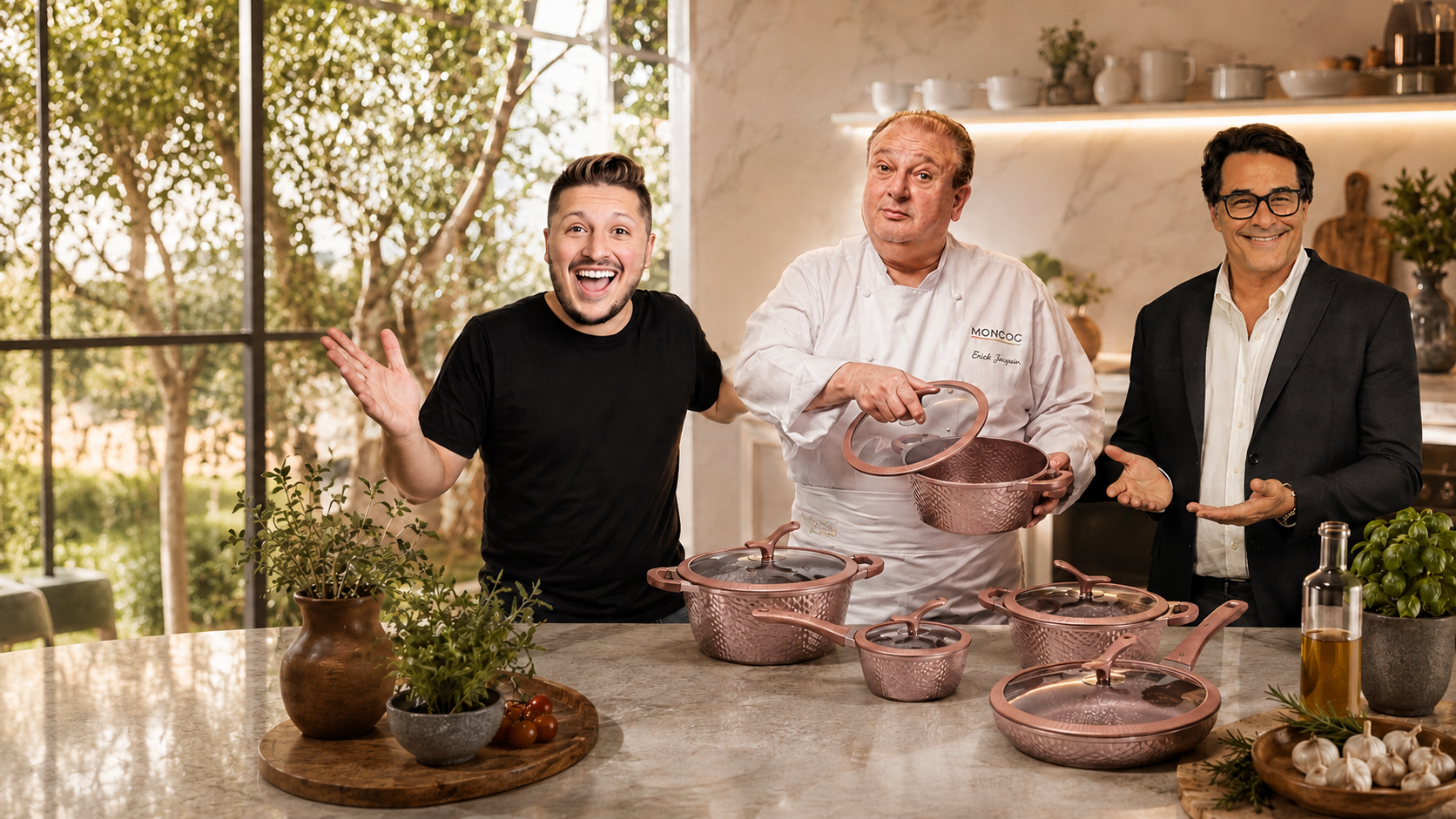 Chef Erick Jacquin e apresentadores MONCOC em cozinha italiana com coleção de panelas cobre