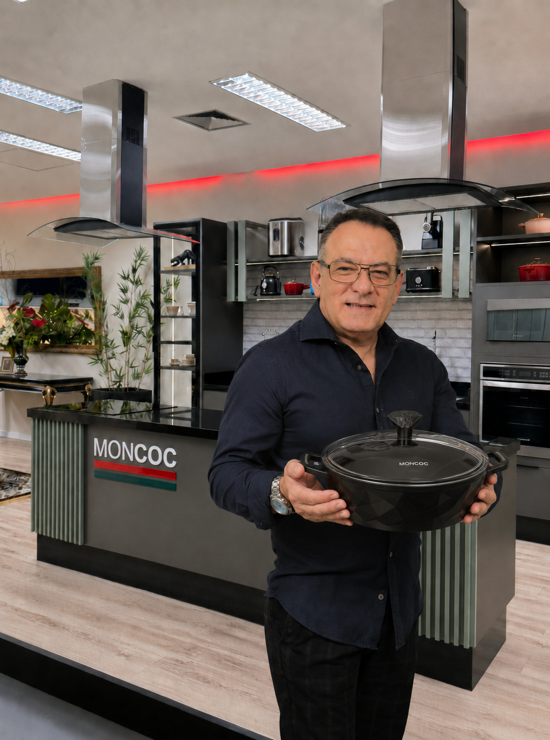 Farde Estephanovichil, fundador da MONCOC, na cozinha showroom da marca