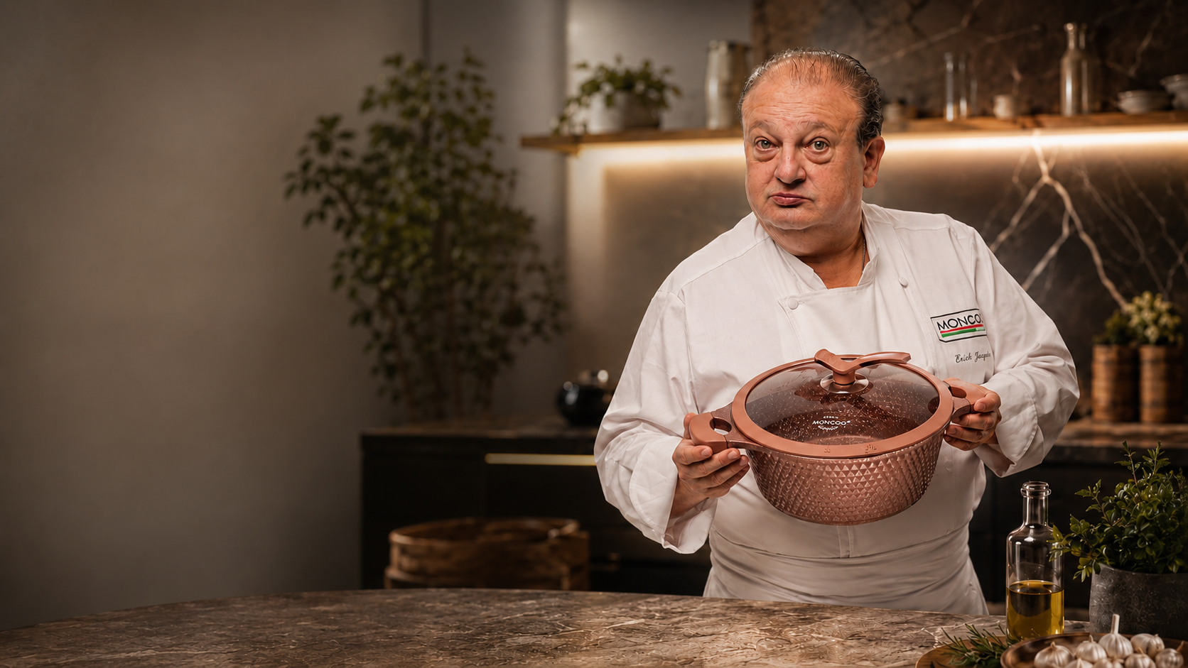 Chef Erick Jacquin apresentando panela MONCOC em cobre com tampa de vidro