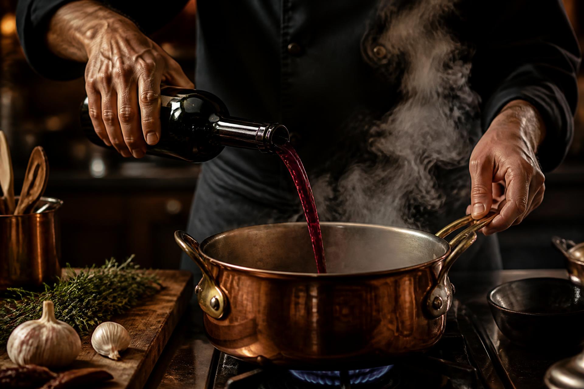 Chef despejando vinho tinto em panela de cobre MONCOC no fogão